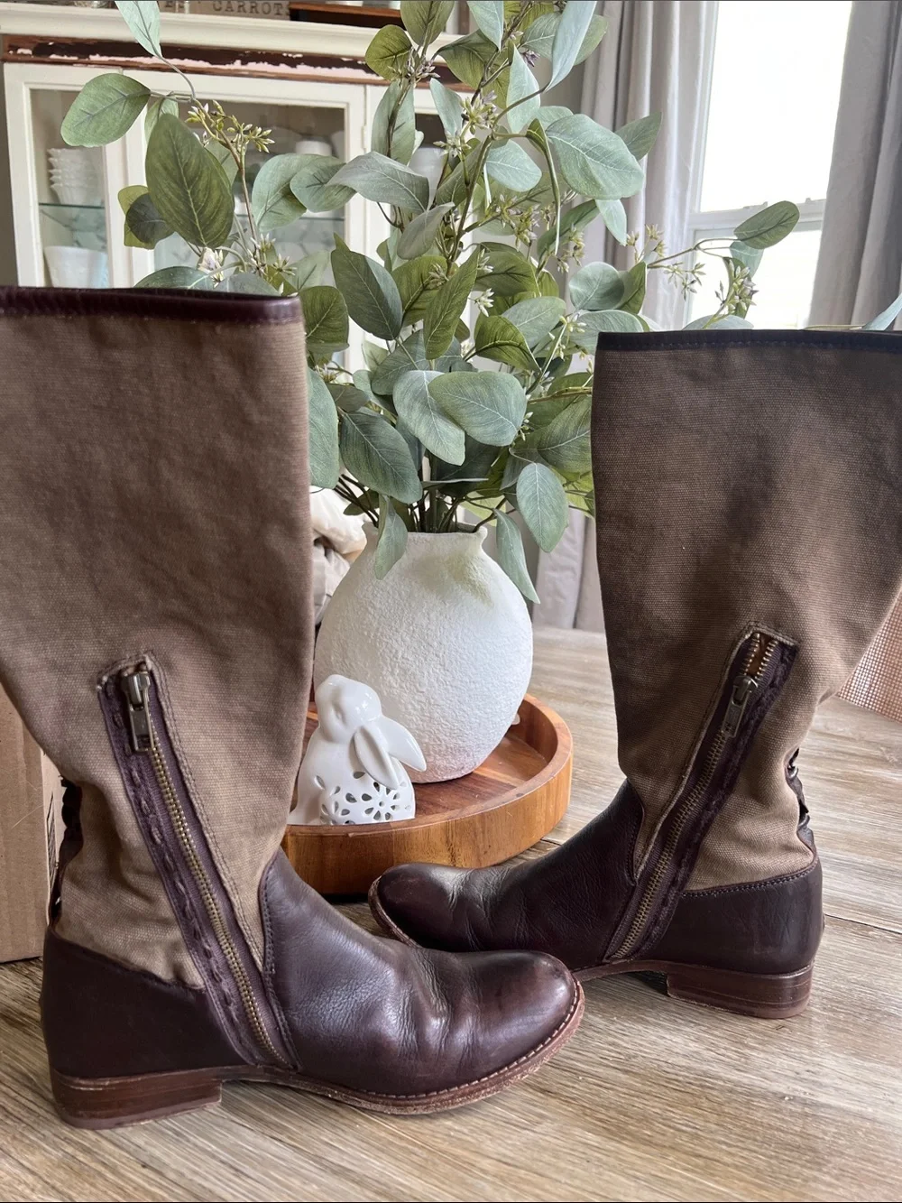 Frye Brown Leather and Tan Fabric Over-the-Knee Boots
